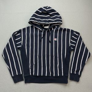 Champion Sweater Women's Medium Blue White Striped Reverse Weave Hoodie Pullover